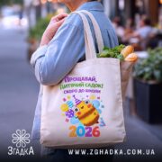 Шопер випускник дитячого садка 2026, бежевий, в руках, з продуктами, принт з.