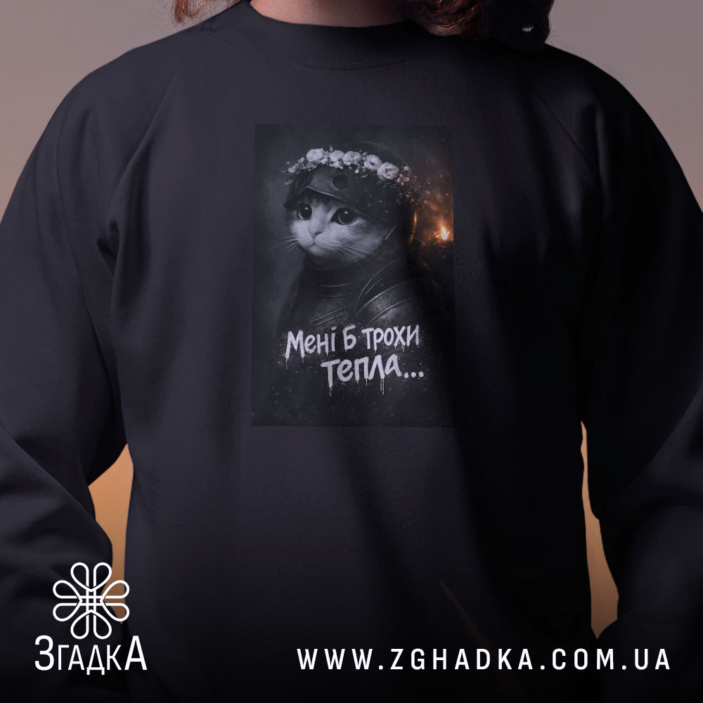 Світшот мені б трохи тепла кіт лицар, близький план, чорний колір, принт.