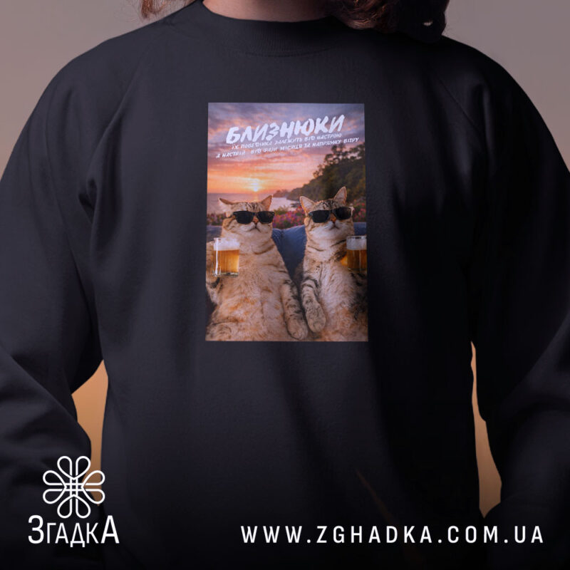 Світшот подарунок для Близнюків, чорний, близький план, принт котів, бренд Згадка.