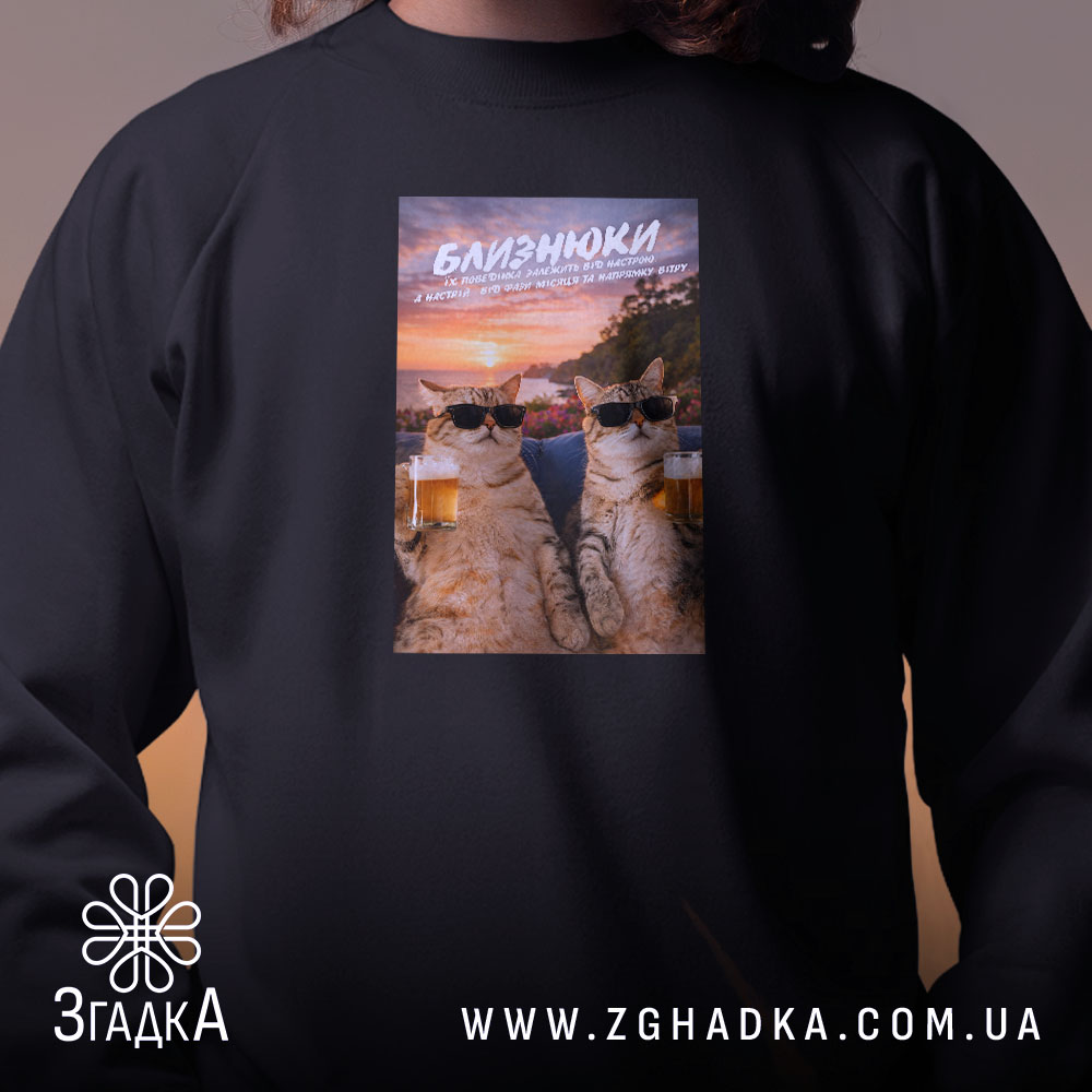 Світшот подарунок для Близнюків, чорний, близький план, принт котів, бренд Згадка.