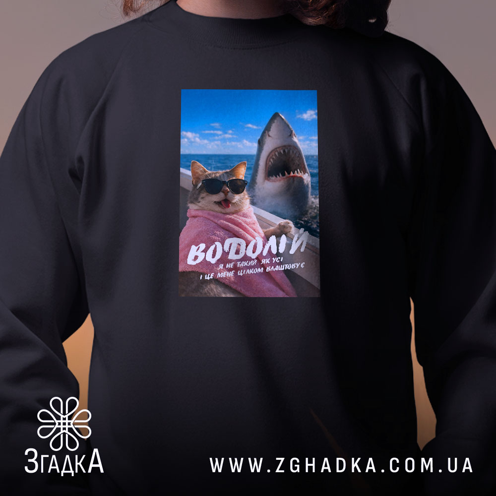 Світшот подарунок для Водолія, чорний колір, близький план, принт з котом у.