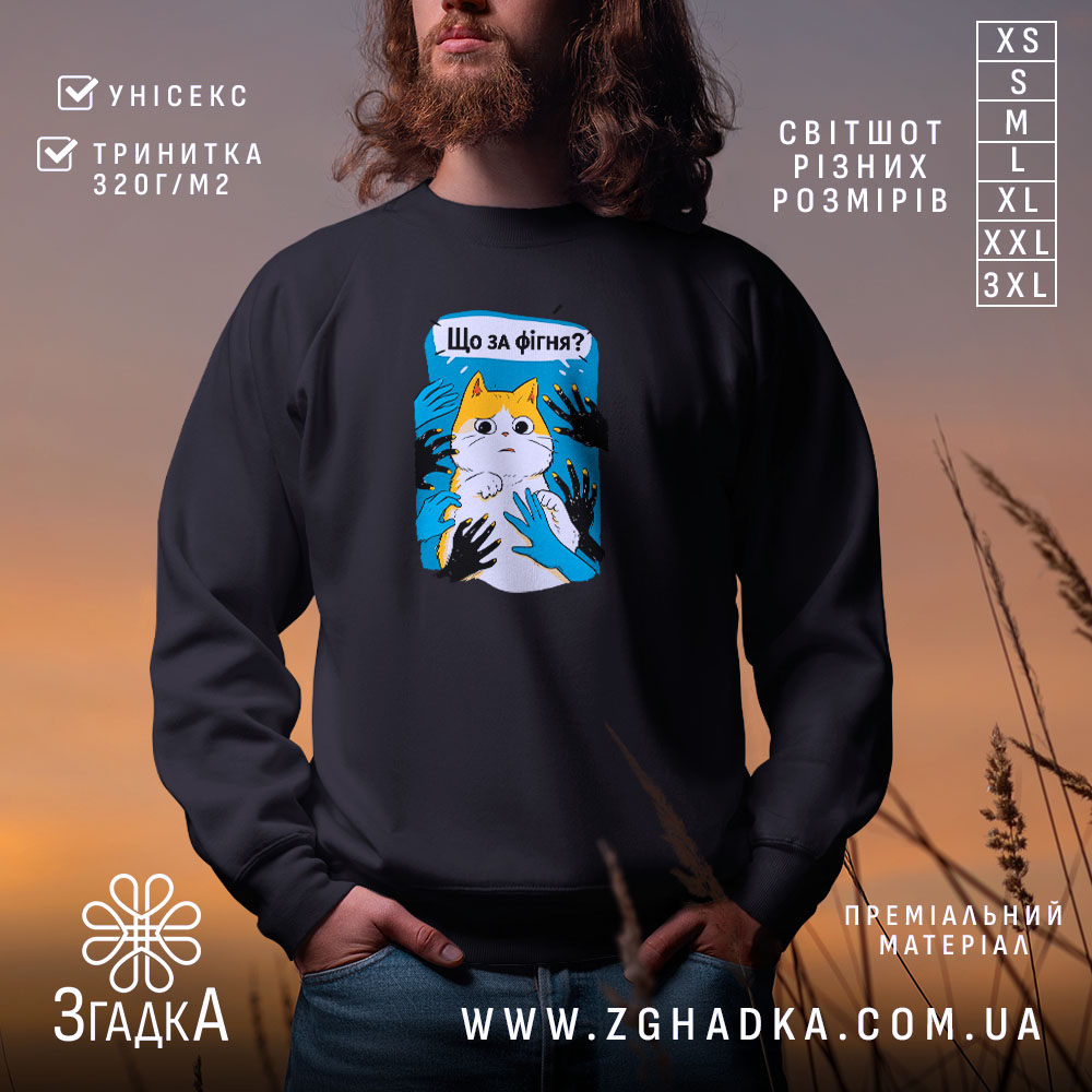 Світшот що за фігня мем з котом, чорний, на чоловікові, фон захід.