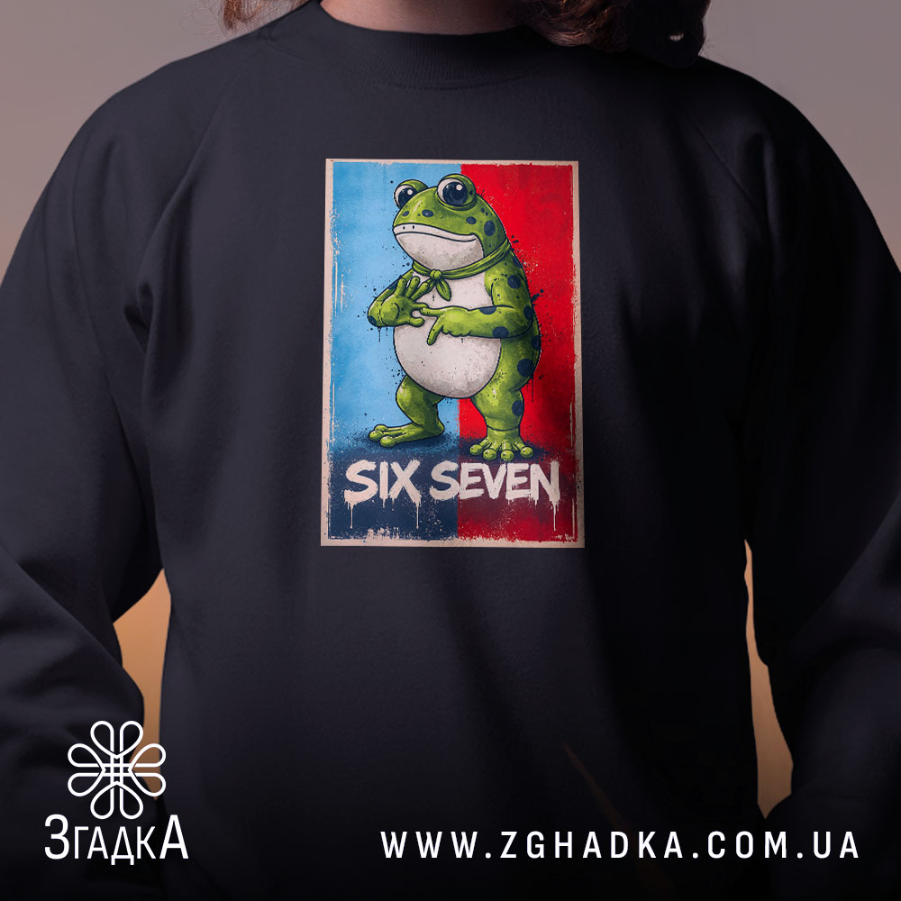 Світшот six seven мем стиль, близький план, принт жаби, бренд Згадка.