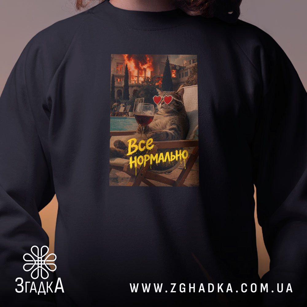 Світшот все нормально мем стиль, близький план, чорний, принт кота, бренд Згадка.