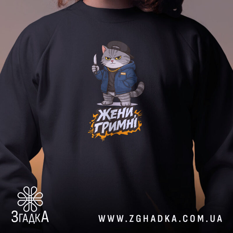 Світшот жени гримні мем дизайн, близький план, чорний колір, принт кота, бренд.