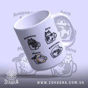 Чашка коти і кава, зображення з різних боків, білий фон, бренд Згадка.