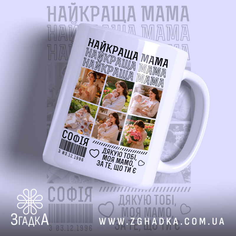 Чашка найкраща мама з фото, біла, глянцева, з кольоровим принтом, Згадка.