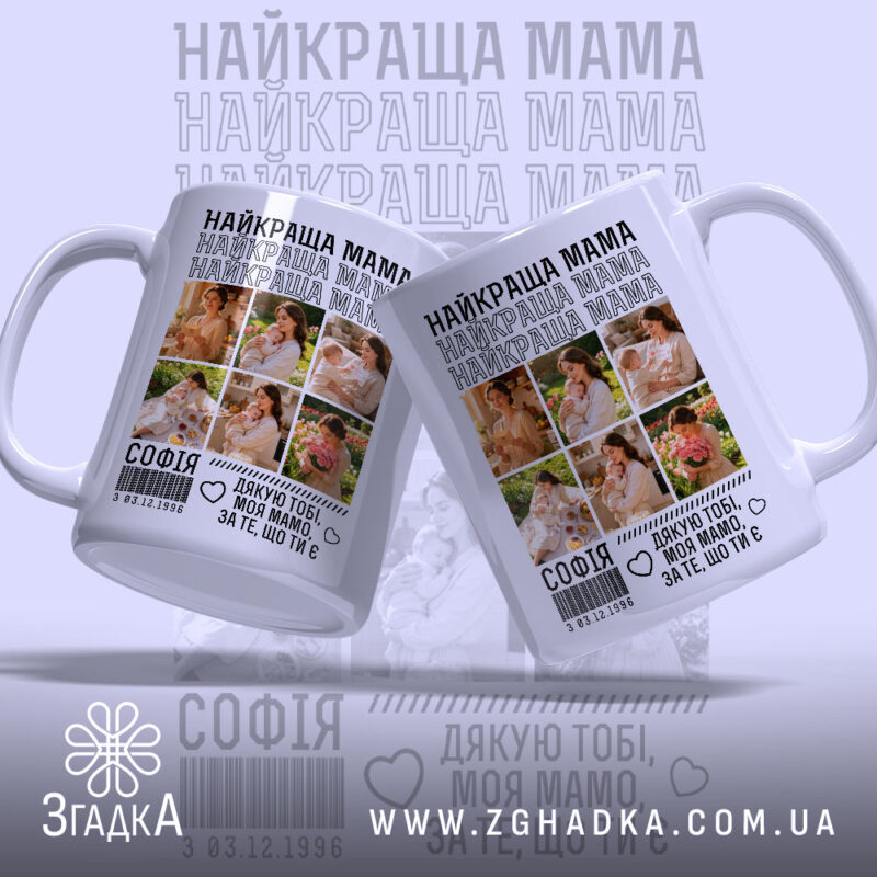 Чашка найкраща мама з фото, дві чашки, глянцевий фон, яскраві зображення, Згадка.
