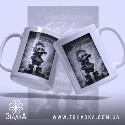 Чашка народжений бути вільним, дві ручки, малюнок качки, глянцевий фон, бренд Згадка.