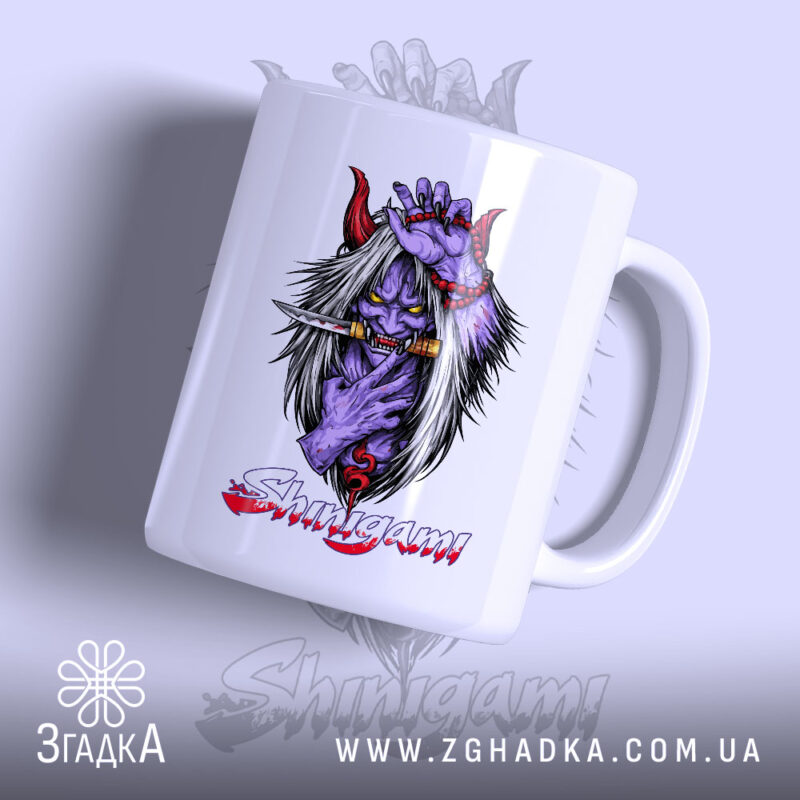 Чашка шінігамі японський демон з яскравим принтом на білому фоні, бренд Згадка.