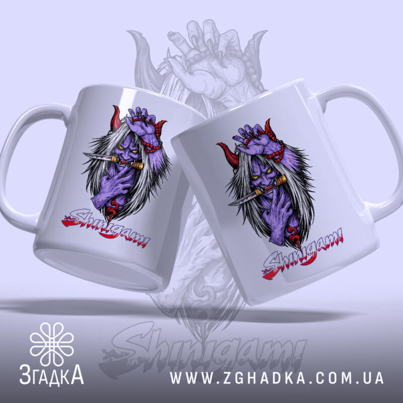 Чашка шінігамі японський демон з двох ракурсів, деталі принта на білому фоні,.