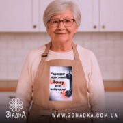 Фартух абонент недоступний бежевий на жінці з окулярами, бренд Згадка.