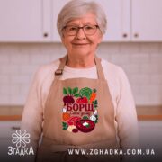 Фартух борщ смак дому, бежевий, на жінці з сивим волоссям, бренд Згадка.