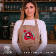 Фартух борщозалежна, бежевий, на моделі з кухонним фоном, бренд Згадка.