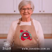 Фартух борщозалежна, бежевий, на жінці в кухні, бренд Згадка.