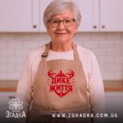 Фартух дике життя лісовий дизайн, бежевий, на жінці в кухні, з червоним.