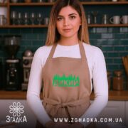 Фартух дикий лісовий стиль, бежевий, на моделі, кухня, зелений принт, бренд Згадка.