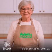 Фартух дикий лісовий стиль, бежевий, на жінці, зелений принт, домашня обстановка, бренд.