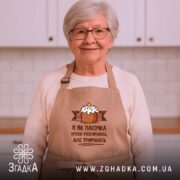 Фартух я як пасочка але тримаюсь, бежевий, на жінці, світлий фон, бренд.