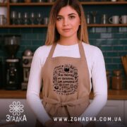 Фартух я як пасочка домашня, бежевий, на моделі, кухня, бренд Згадка.