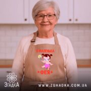 Фартух я маленька фея, бежевий, на жінці, світлий фон, бренд Згадка.