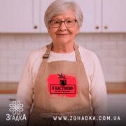 Фартух я настоюю на натуральному, бежевий на жінці з сивим волоссям, бренд.