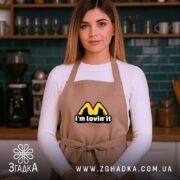 Фартух I’m lovin’ it, бежевий, на жінці, стильний кухонний фон, бренд Згадка.