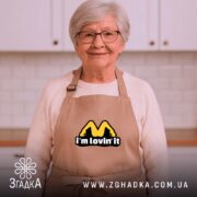 Фартух I’m lovin’ it, бежевий, на літній жінці, світлий кухонний фон, бренд.
