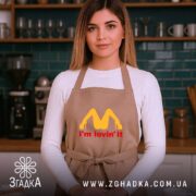 Фартух I’m lovin’ it подарунок, бежевий, на моделі в кухні, бренд Згадка.