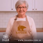 Фартух карпати з ведмедем, на бабусі, світлий фон, добрий настрій, бренд Згадка.