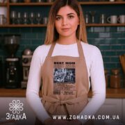 Фартух колаж фото для мами, бежевий, на моделі в кухні, бренд Згадка.