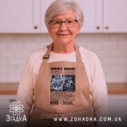 Фартух колаж фото для мами, бежевий, на жінці, в кухні, бренд Згадка.