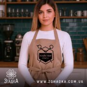 Фартух майстер краси, бежевий, на жінці, з логотипом Згадка, в кухонному інтер'єрі.