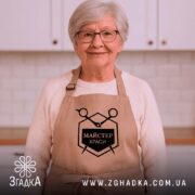 Фартух майстер краси, бежевий, на жінці, з логотипом Згадка, в домашній обстановці.