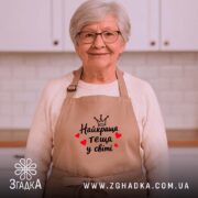 Фартух найкраща теща на бабусі, бежевий, з принтом, кухня на фоні, Згадка.