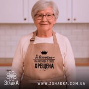 Фартух найкраща у світі хрещена, бежевий, на жінці, сучасна кухня, бренд Згадка.