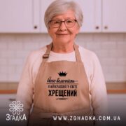 Фартух найкращий у світі хрещений, бежевий, на жінці в кухні, бренд Згадка.