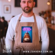 Фартух обережно стара ондатра, бежевий, на чоловікові, кафе на фоні, бренд Згадка.