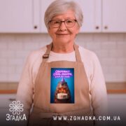 Фартух обережно стара ондатра, бежевий, на літній жінці, кухня на фоні, бренд.