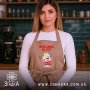 Фартух перша дівка на селі, бежевий, на моделі в кухні, бренд Згадка.
