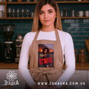 Фартух пішла жити то життя, бежевий, на моделі в кухні, бренд Згадка.