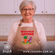 Фартух професійний дачник на літній жінці, світлий фон, бренд Згадка.