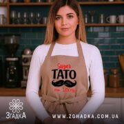 Фартух супер тато, бежевий, на моделі в кухні, бренд Згадка.