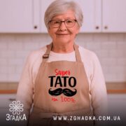 Фартух супер тато, бежевий, на жінці, в кухні, бренд Згадка.