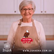 Фартух вже не юний орел, на жінці, світлий фон, усмішка, бренд Згадка.