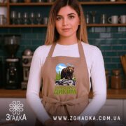 Фартух залишайся диким ведмежий принт, бежевий колір, модель на фоні кухні, бренд.