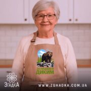 Фартух залишайся диким ведмежий принт, бежевий колір, жінка на фоні кухні, бренд.