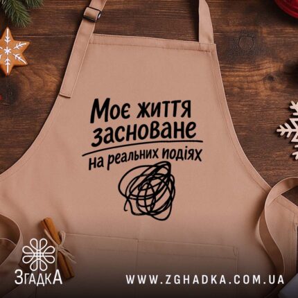 Фартух життя на реальних подіях, бежевий, на дерев'яному фоні, бренд Згадка.