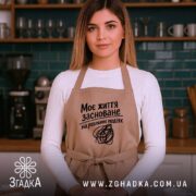 Фартух життя на реальних подіях, бежевий, на моделі, кухня, бренд Згадка.