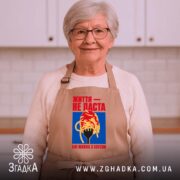 Фартух життя не паста, бежевий, на жінці, домашня кухня, бренд Згадка.